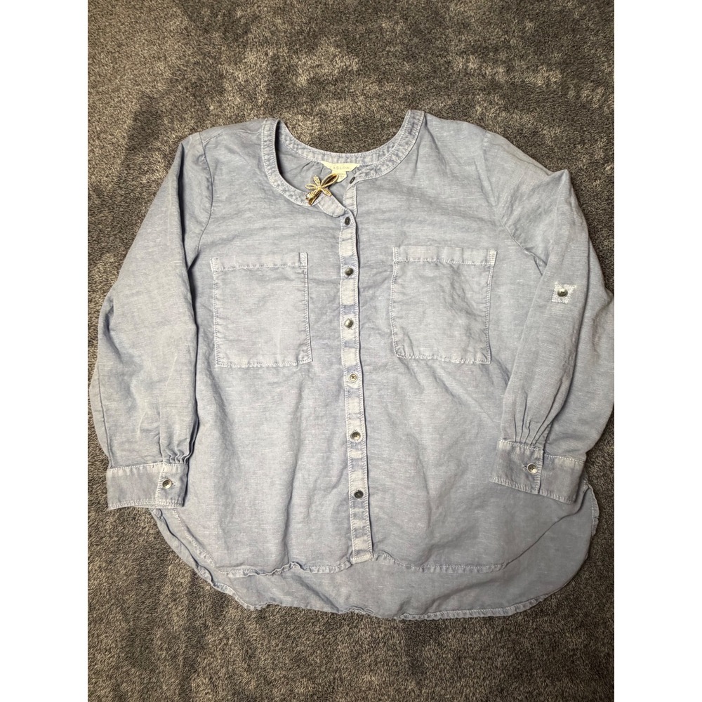 Caslon Womens Blue Linen Cotton Roll Tab Button Down Blouse Top Large